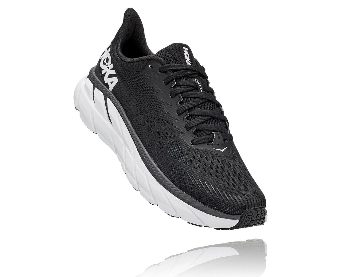 Pantofi De Mers Hoka One One Clifton 7 Dama - Negrii / Albi | Romania QURP27150